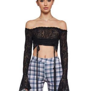 Sheer Floral Lace Off-The-Shoulder Long Bell Sleeve Crop Top Sugar Thrillz - Black