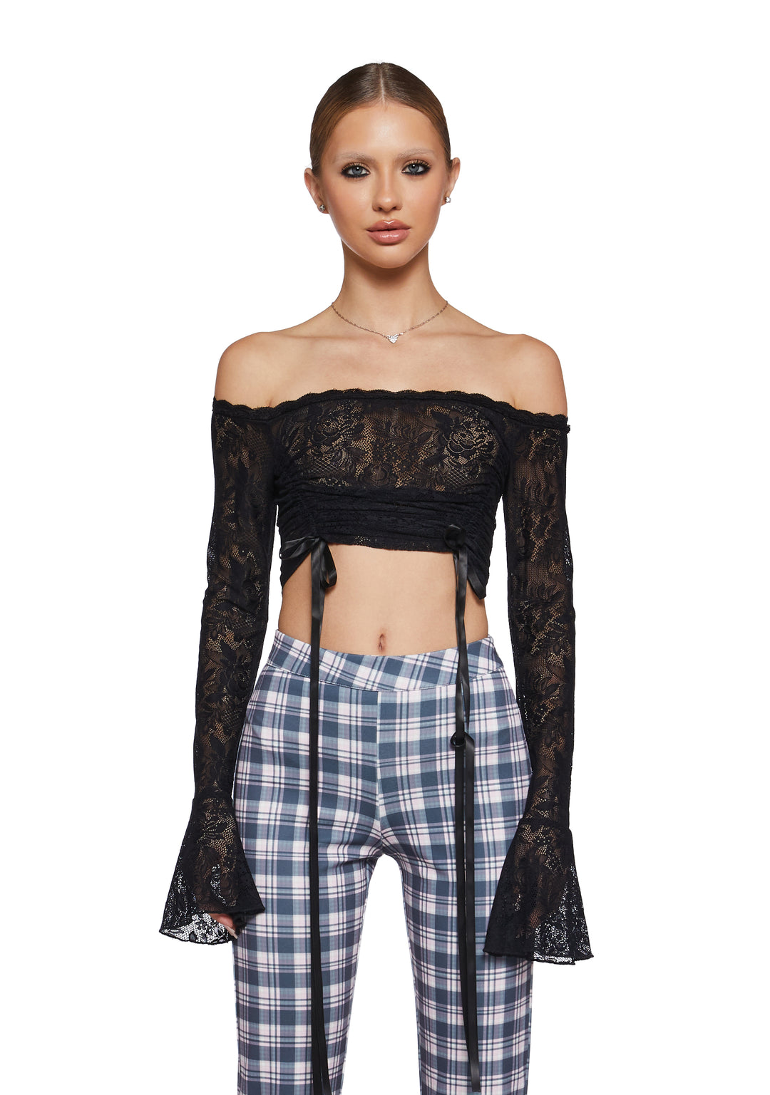 Sheer Floral Lace Off-The-Shoulder Long Bell Sleeve Crop Top Sugar Thrillz - Black