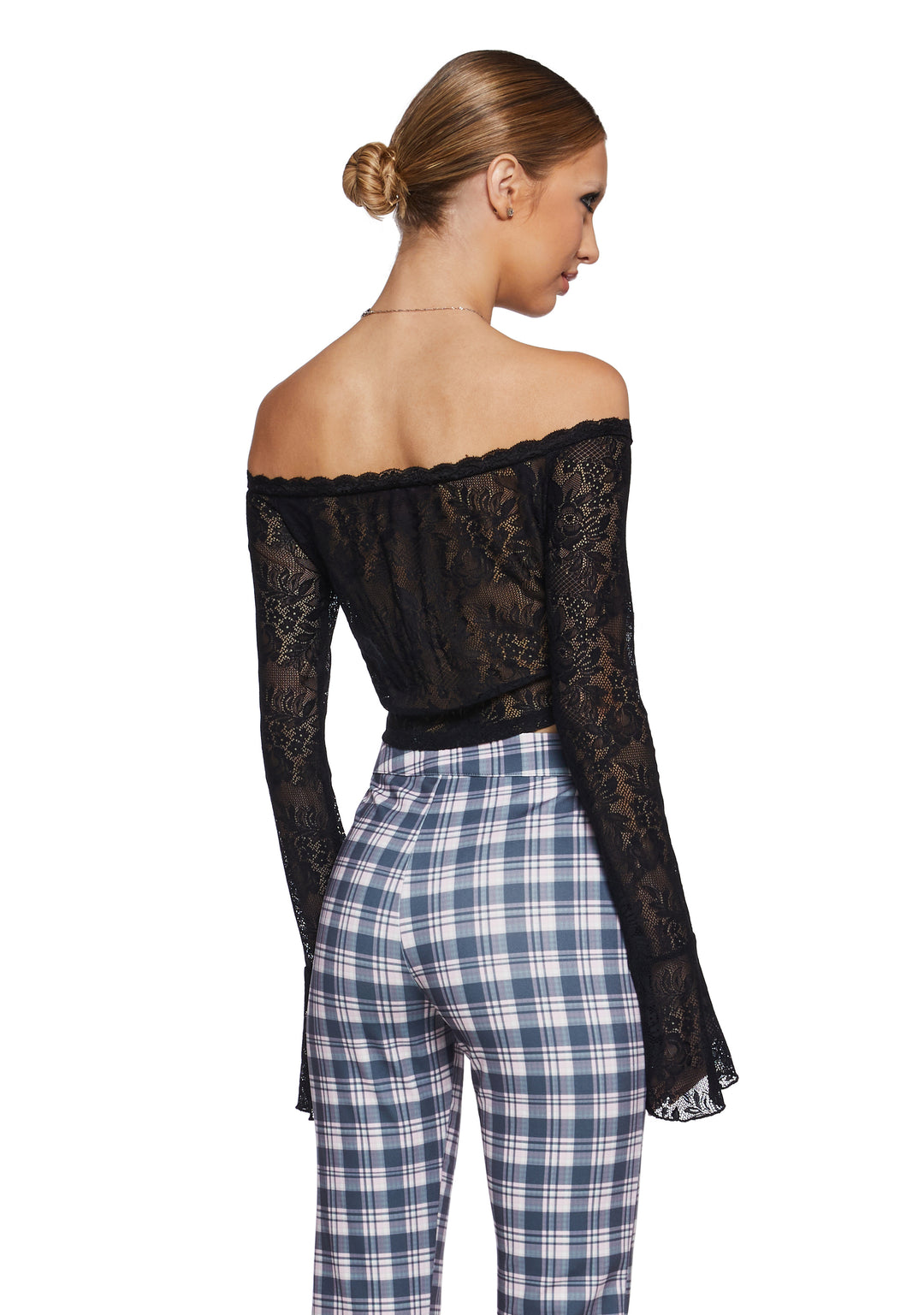 Sheer Floral Lace Off-The-Shoulder Long Bell Sleeve Crop Top Sugar Thrillz - Black - Image 4