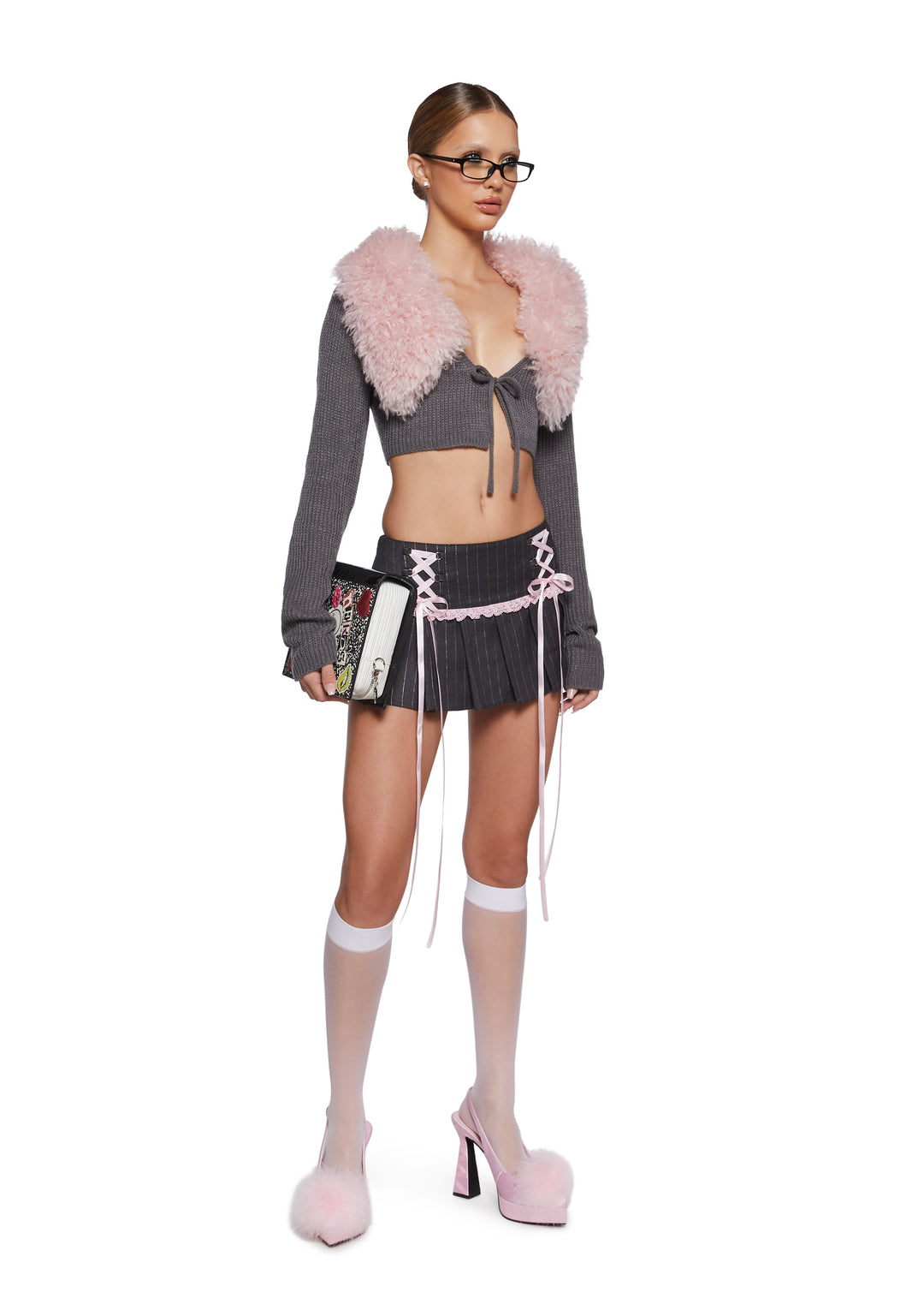 Acrylic Knit Faux Fur Self-Tie Cropped Cardigan Sugar Thrillz - Gray - Image 2