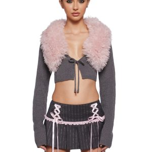 Acrylic Knit Faux Fur Self-Tie Cropped Cardigan Sugar Thrillz - Gray