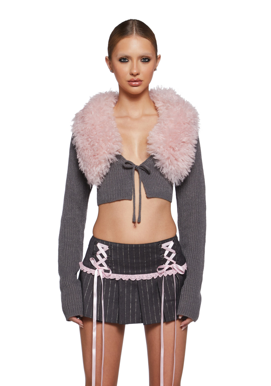 Acrylic Knit Faux Fur Self-Tie Cropped Cardigan Sugar Thrillz - Gray