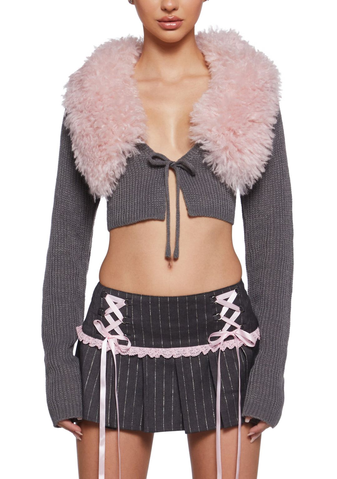 Acrylic Knit Faux Fur Self-Tie Cropped Cardigan Sugar Thrillz - Gray - Image 5