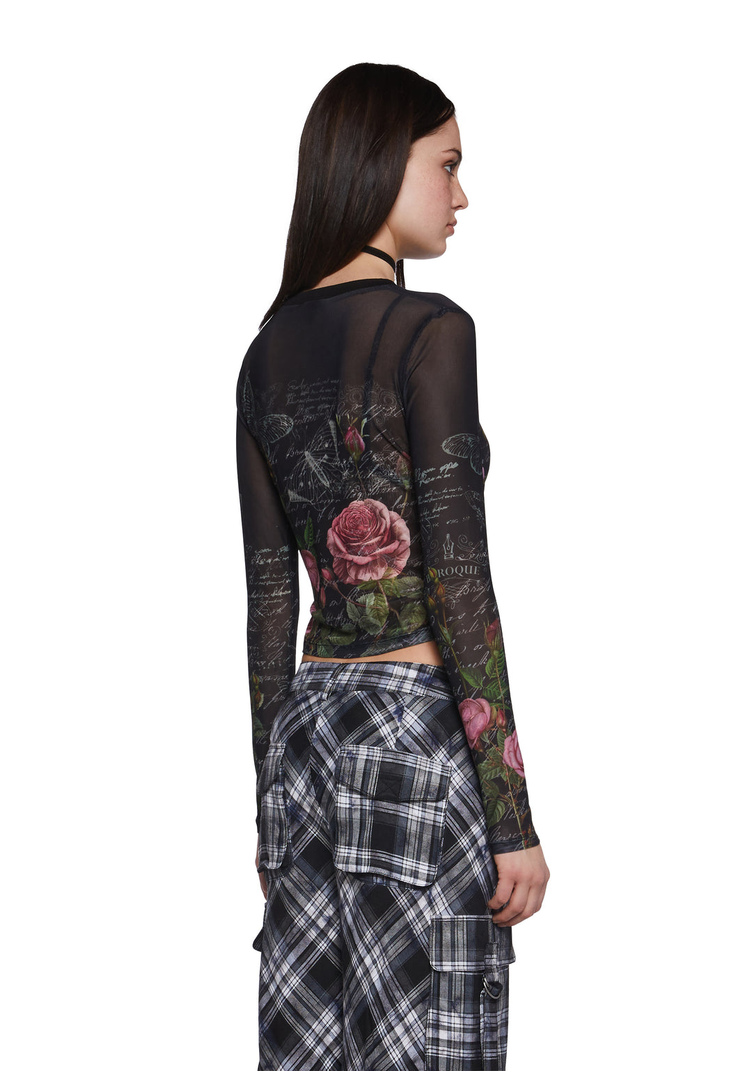 Sheer Mesh Letter Butterfly Rose Graphic Print Long Sleeve Top Delia's - Multi - Image 4