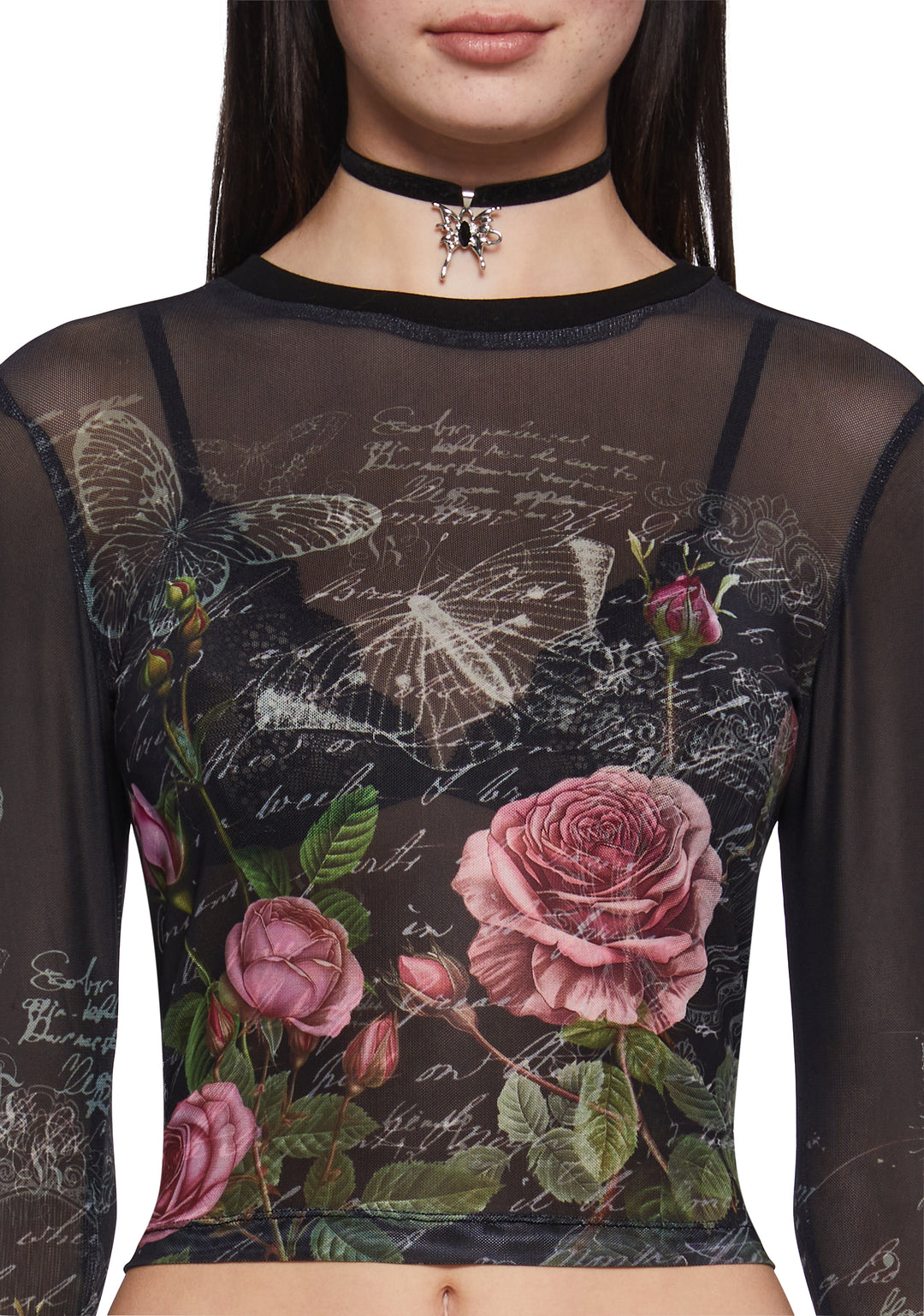 Sheer Mesh Letter Butterfly Rose Graphic Print Long Sleeve Top Delia's - Multi - Image 5
