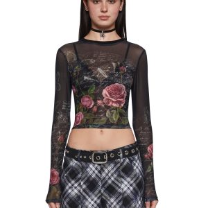 Sheer Mesh Letter Butterfly Rose Graphic Print Long Sleeve Top Delia's - Multi