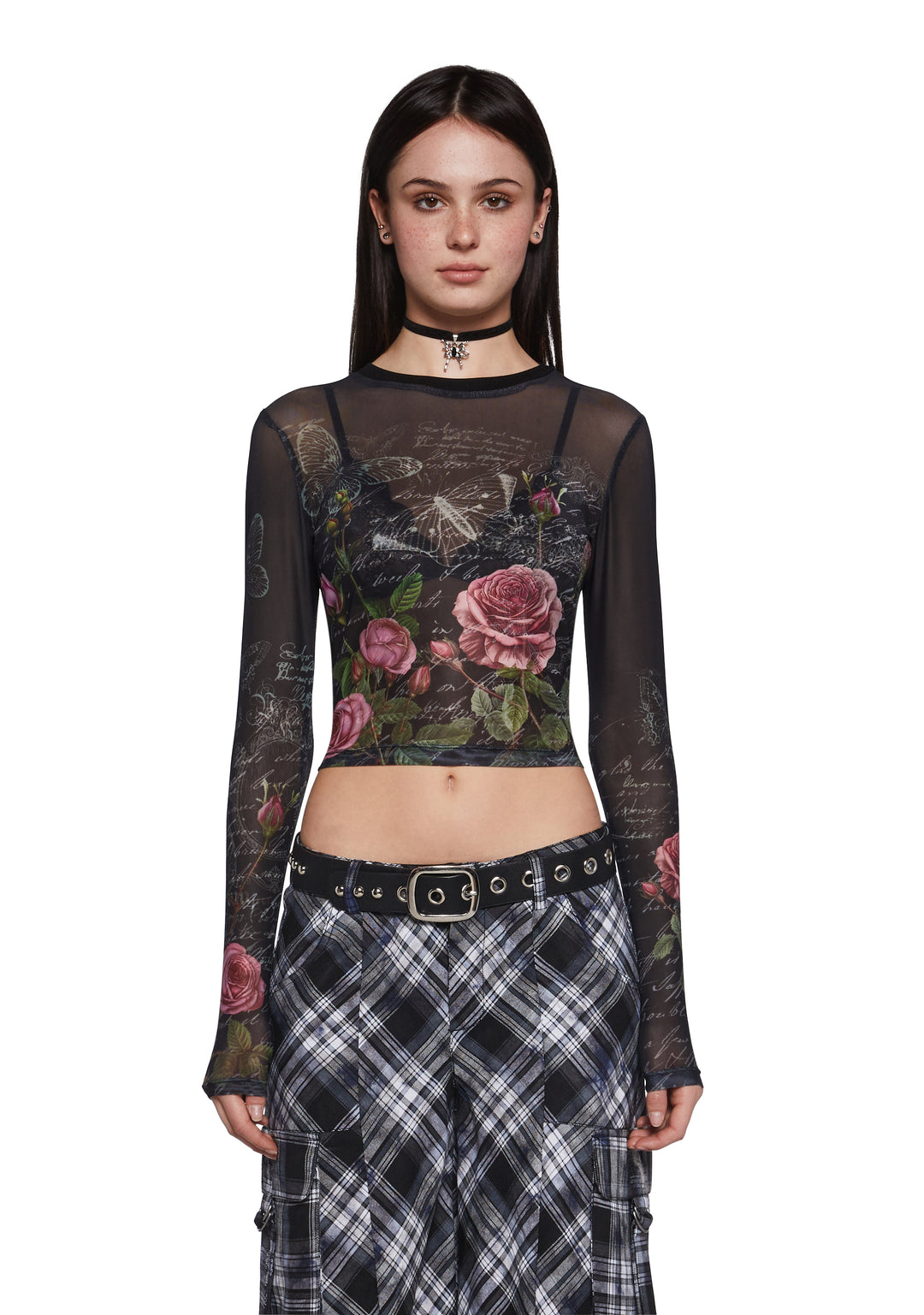 Sheer Mesh Letter Butterfly Rose Graphic Print Long Sleeve Top Delia's - Multi