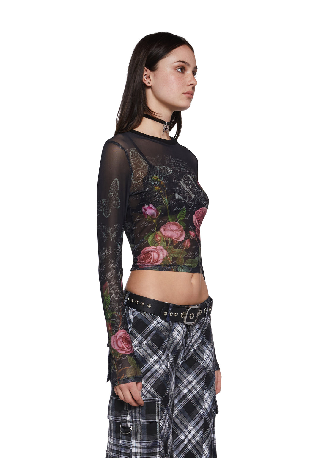 Sheer Mesh Letter Butterfly Rose Graphic Print Long Sleeve Top Delia's - Multi - Image 3