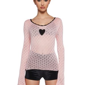 Womens Sexy Graphic Knit Sweater With Heart Graphic Sugar Thrillz - Pink