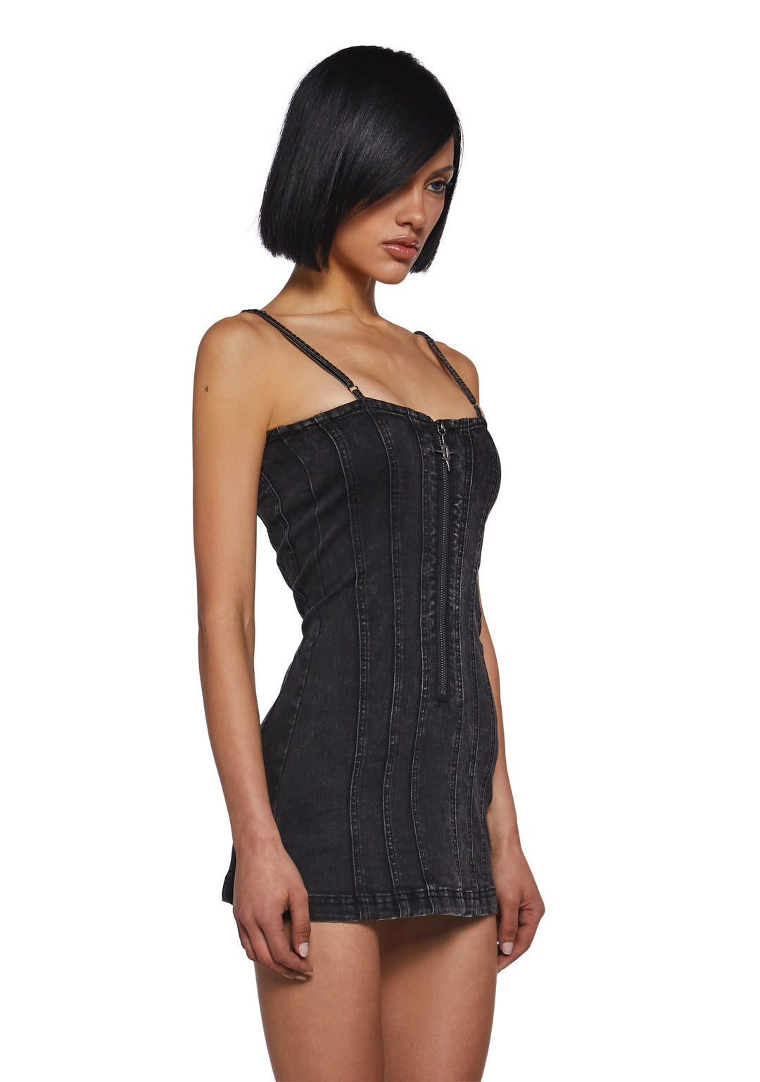 Womens Sexy Washed Denim Mini Dress Darker Wavs - Black - Image 3