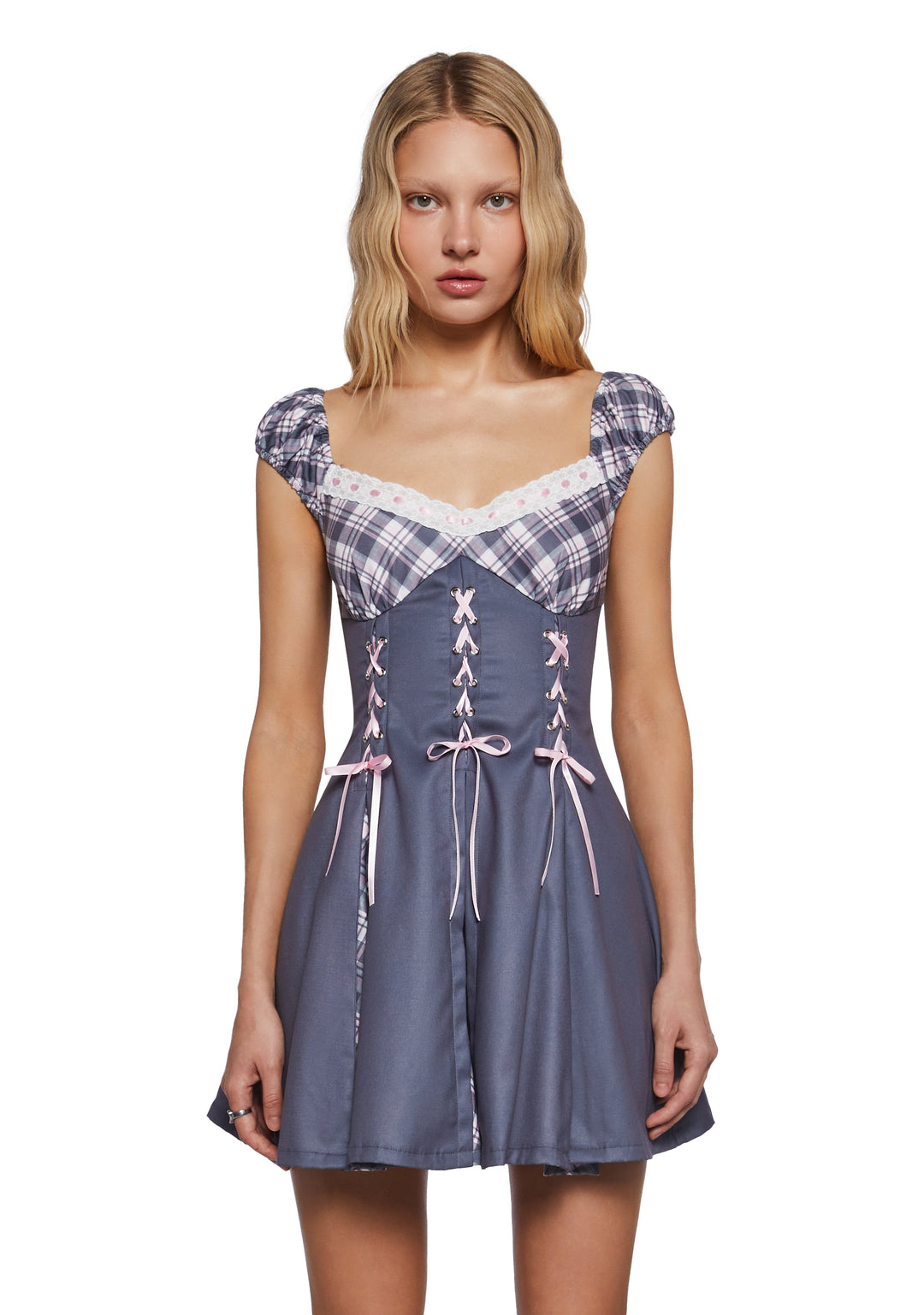 Twill Plaid Lace-Up Puff Sleeve Mini Dress Sugar Thrillz - Gray