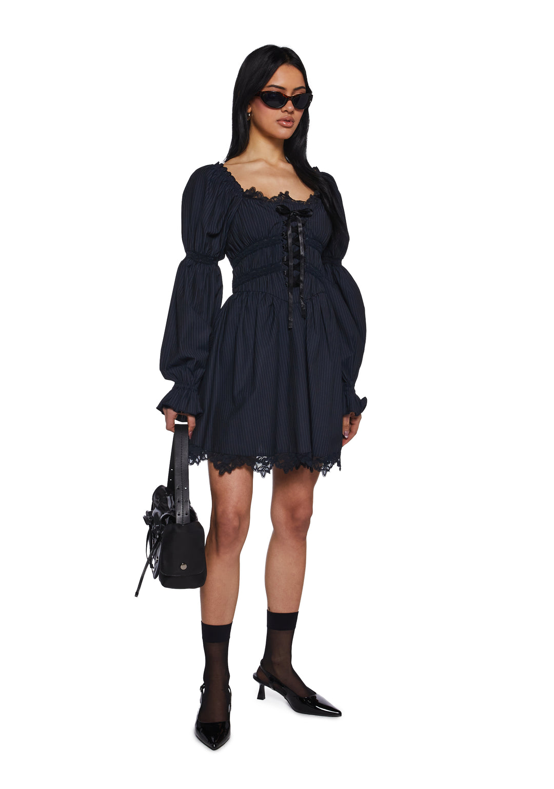 Womens Sexy Pinstripe Long Sleeve Mini Dress Sugar Thrillz - Black - Image 2