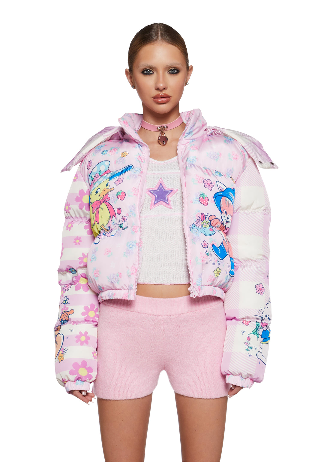 Nylon Quilted Cute Critter Print Puffer Jacket Sugar Thrillz - Multi