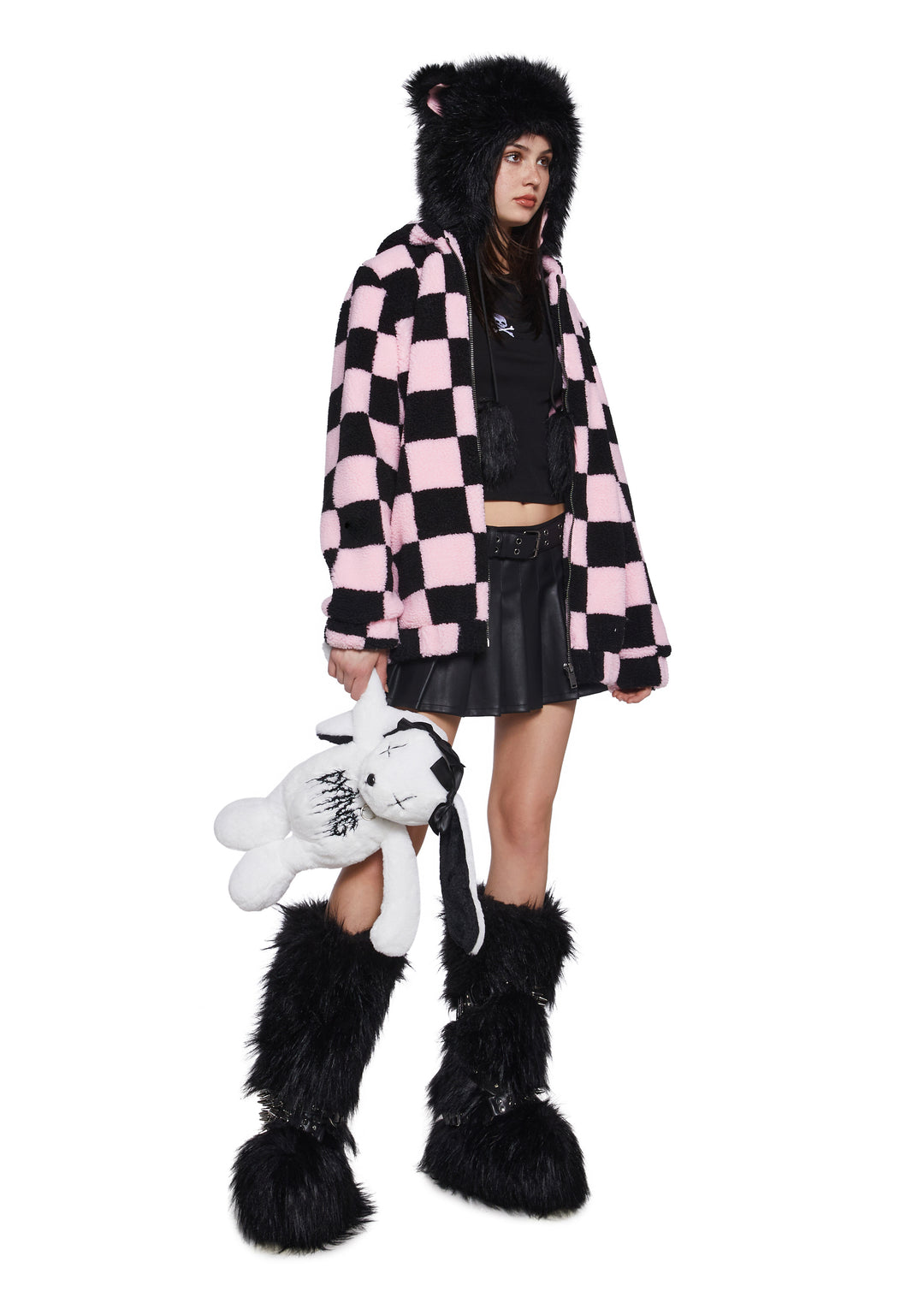 Faux Fur Sherpa Checkered Hooded Jacket Current Mood - Black/Pink - Image 2