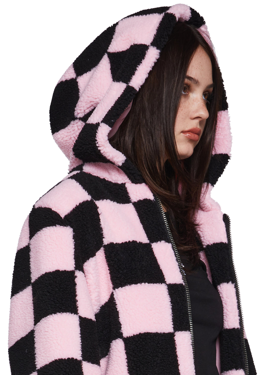 Faux Fur Sherpa Checkered Hooded Jacket Current Mood - Black/Pink - Image 5