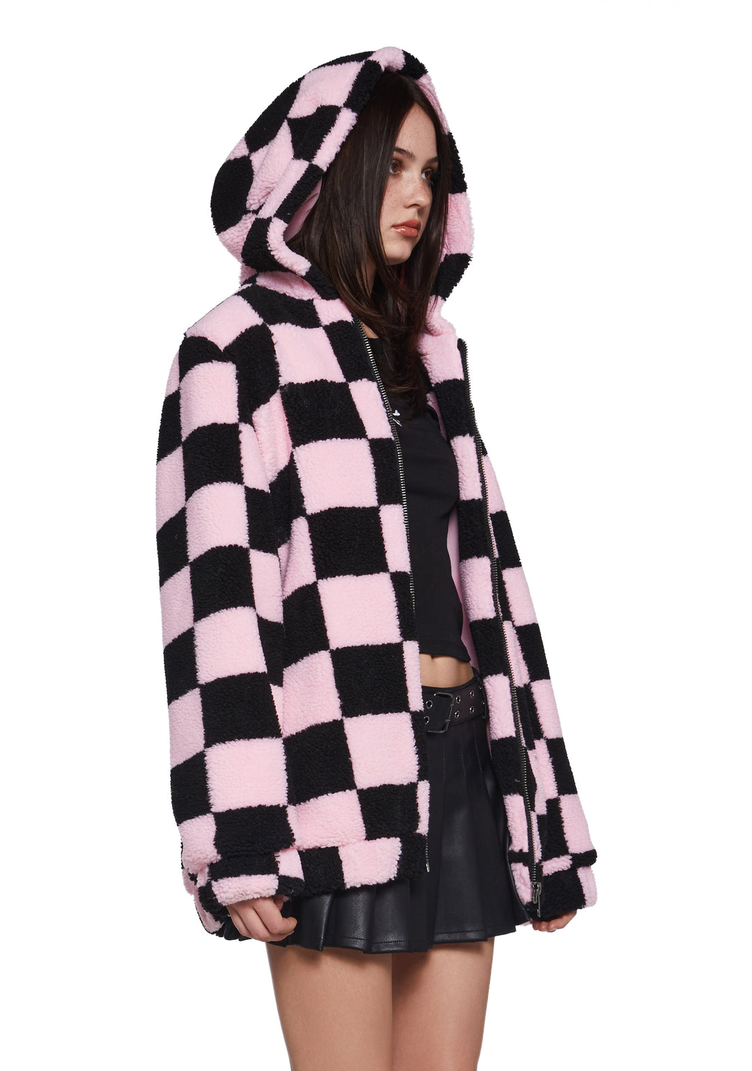 Faux Fur Sherpa Checkered Hooded Jacket Current Mood - Black/Pink - Image 3