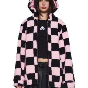 Faux Fur Sherpa Checkered Hooded Jacket Current Mood - Black/Pink