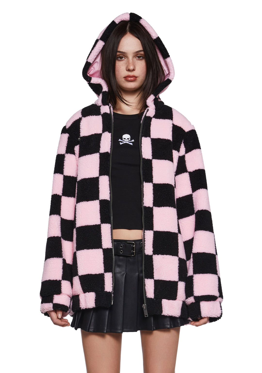 Faux Fur Sherpa Checkered Hooded Jacket Current Mood - Black/Pink