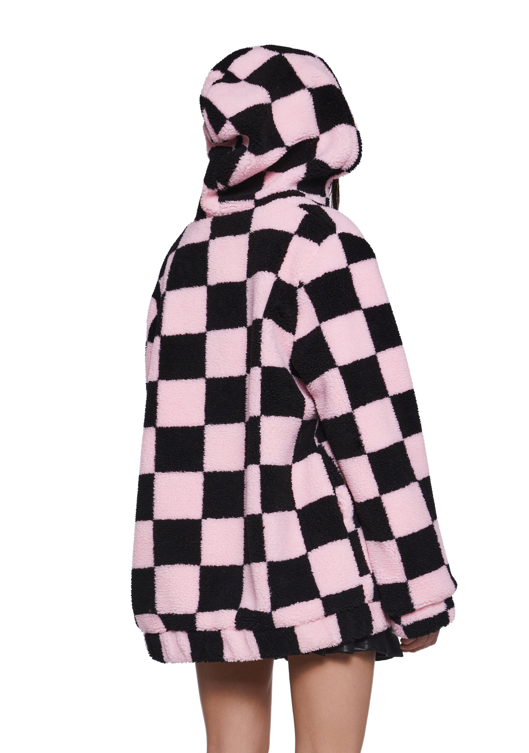 Faux Fur Sherpa Checkered Hooded Jacket Current Mood - Black/Pink - Image 4