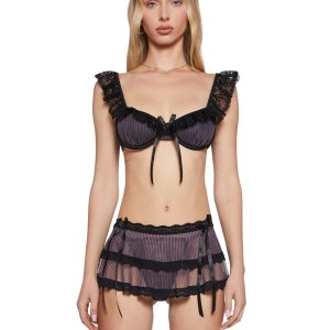 Womens Sexy Pinstripe Bra Thong Panty And Skirt Lingerie Set Sugar Thrillz - Black