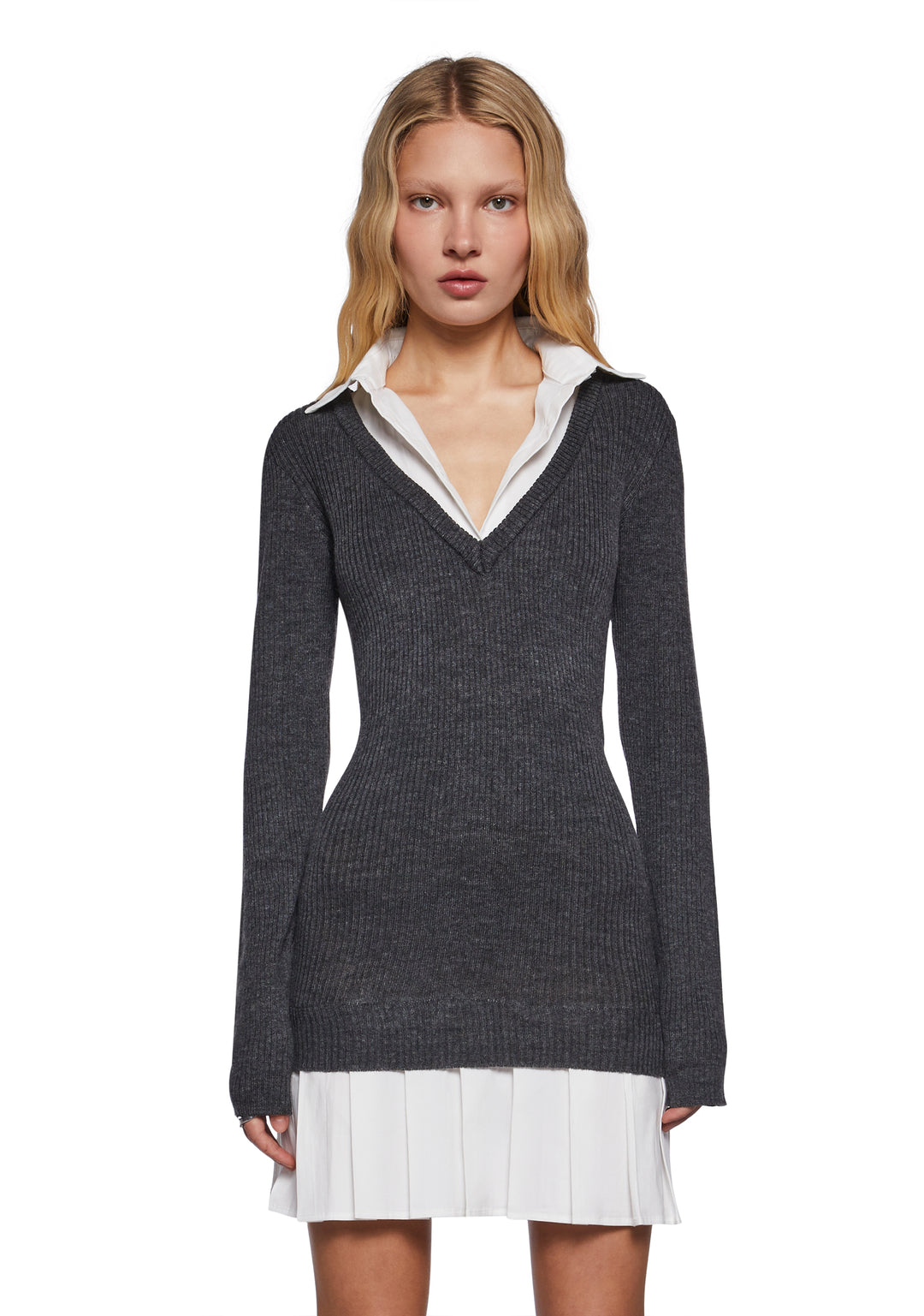 Stretchy Ribbed Knit Cotton Pleated Skirt Mini Dress Sugar Thrillz - Gray