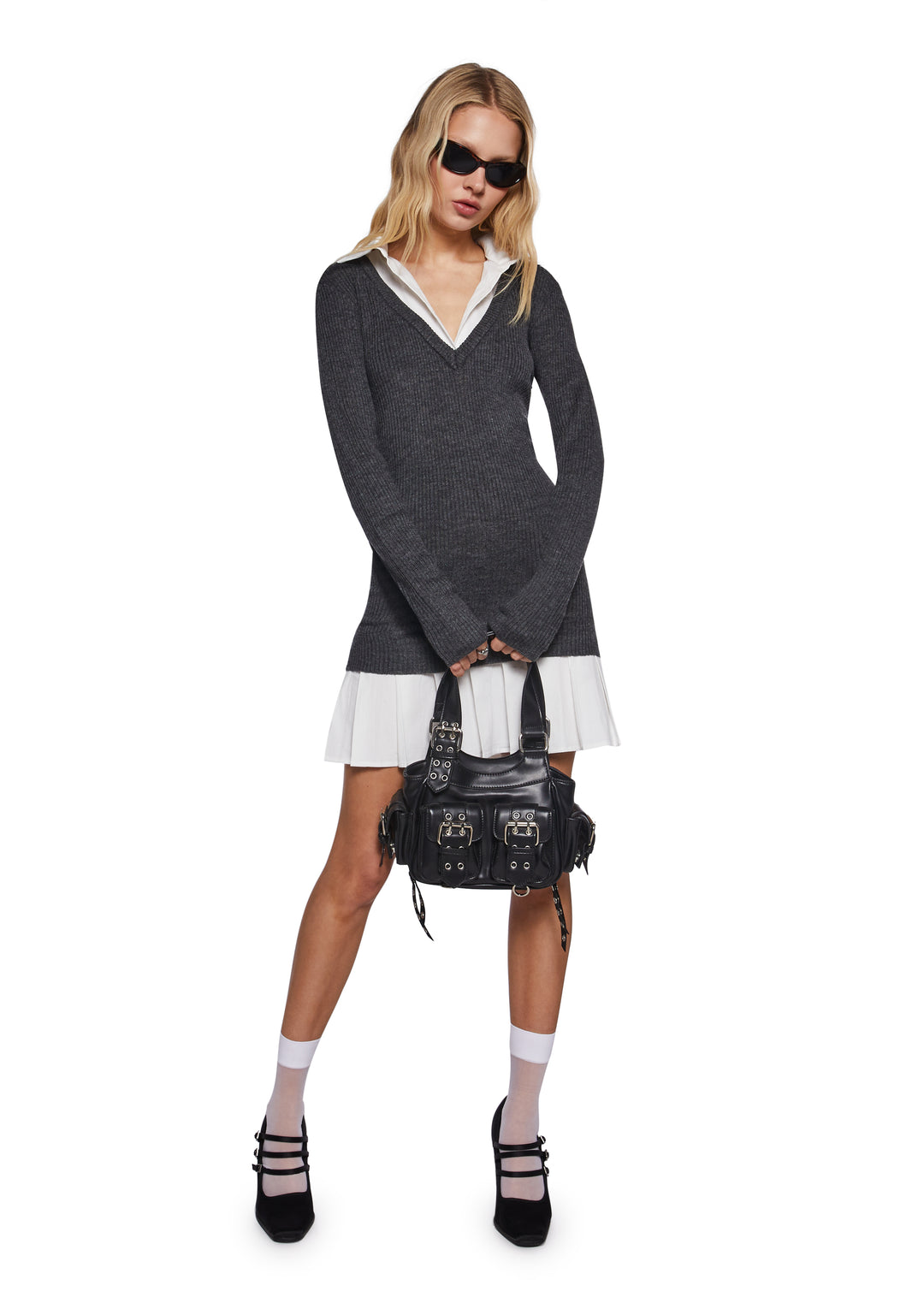 Stretchy Ribbed Knit Cotton Pleated Skirt Mini Dress Sugar Thrillz - Gray - Image 2