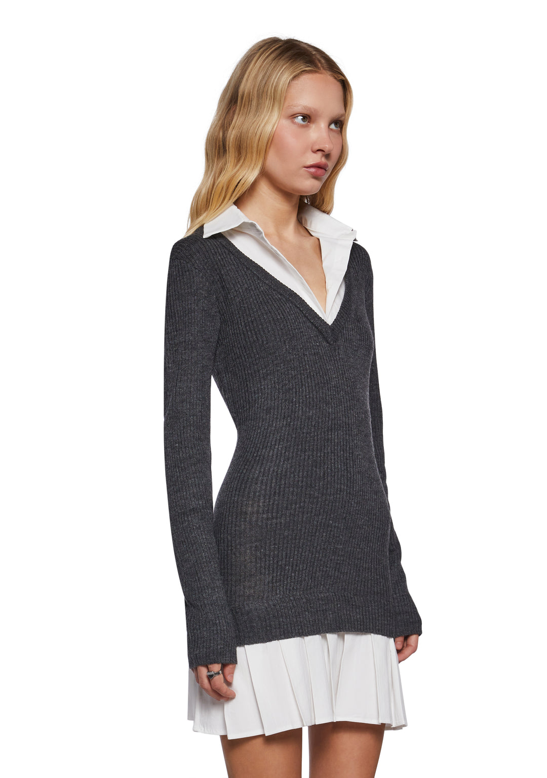 Stretchy Ribbed Knit Cotton Pleated Skirt Mini Dress Sugar Thrillz - Gray - Image 3