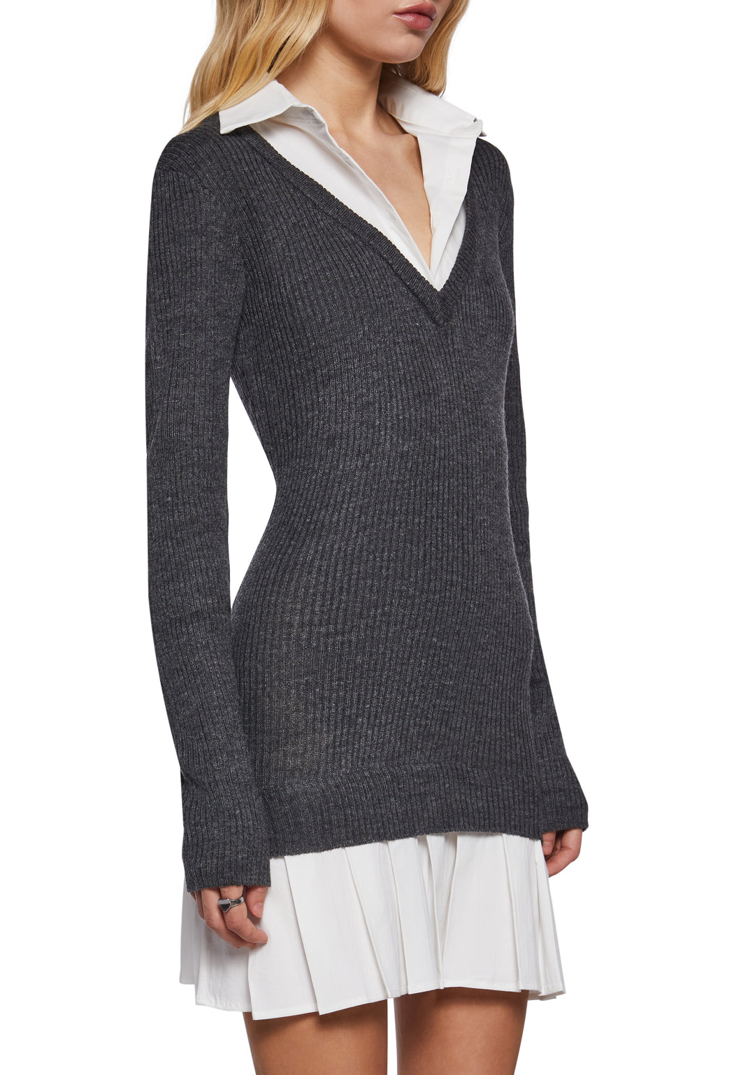 Stretchy Ribbed Knit Cotton Pleated Skirt Mini Dress Sugar Thrillz - Gray - Image 5