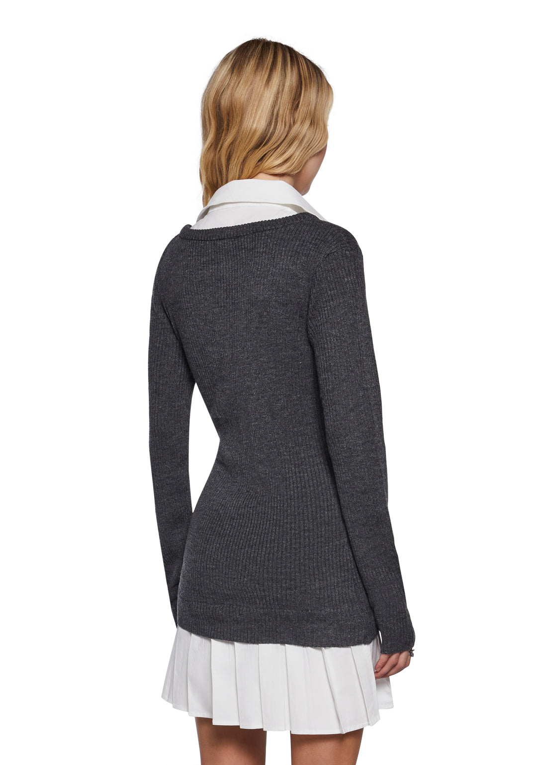 Stretchy Ribbed Knit Cotton Pleated Skirt Mini Dress Sugar Thrillz - Gray - Image 4