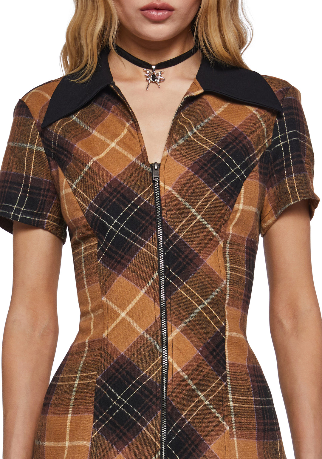 Plaid Collared Mini Dress Delia's - Brown - Image 5