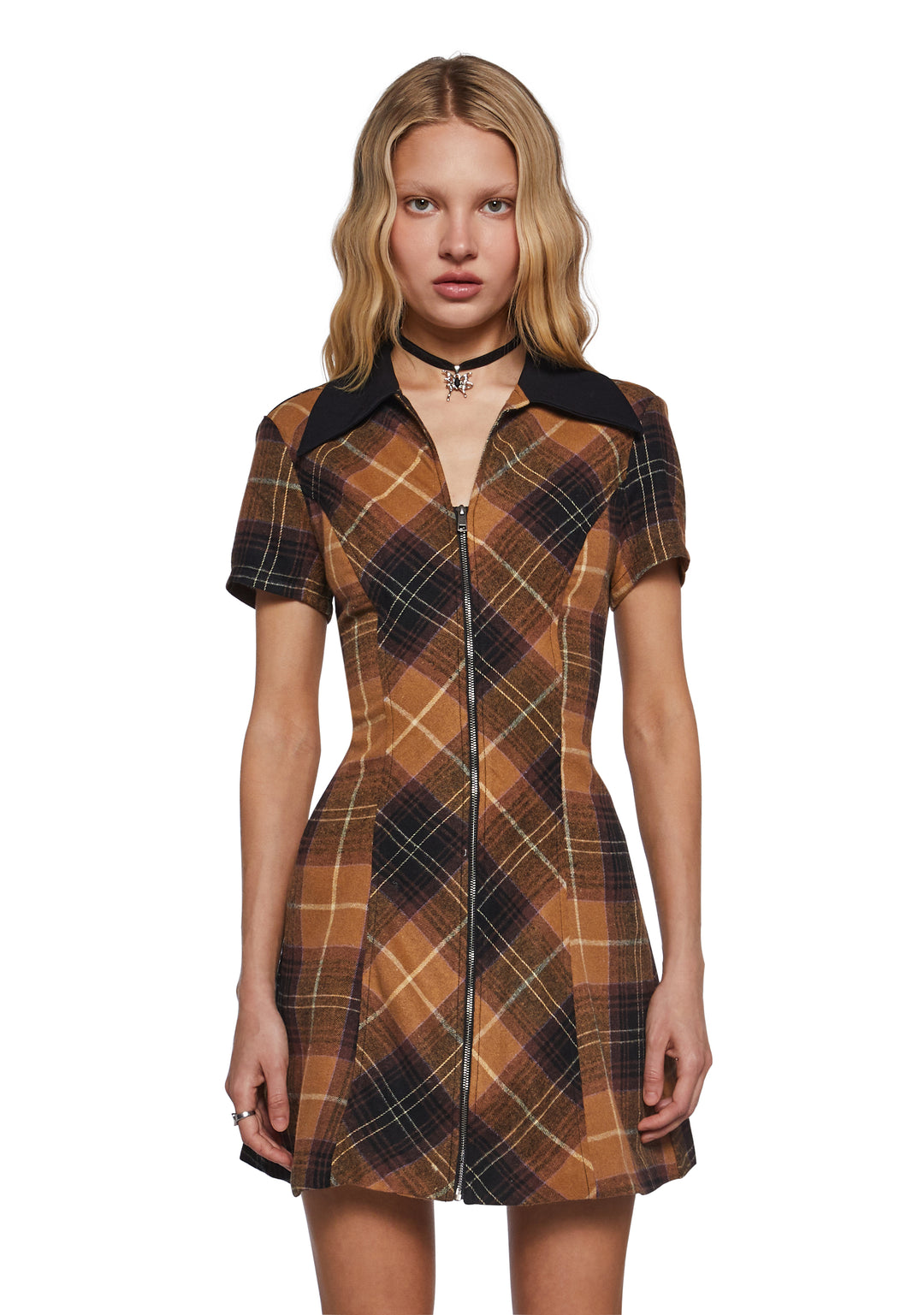 Plaid Collared Mini Dress Delia's - Brown