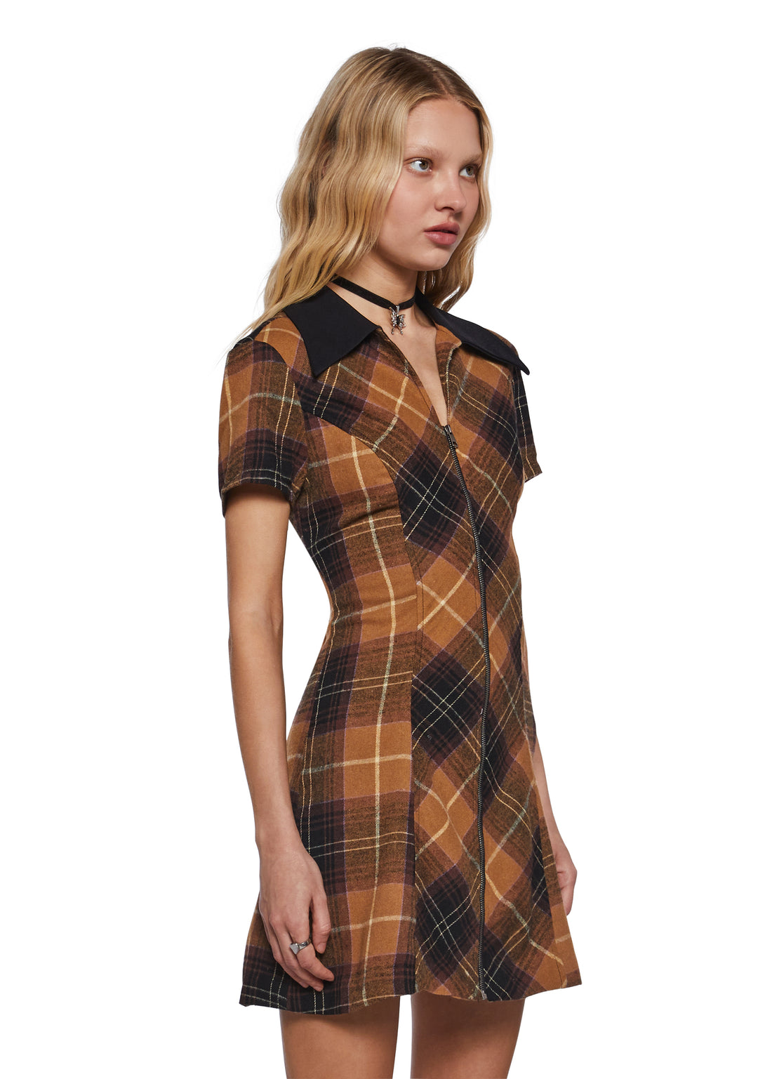 Plaid Collared Mini Dress Delia's - Brown - Image 3