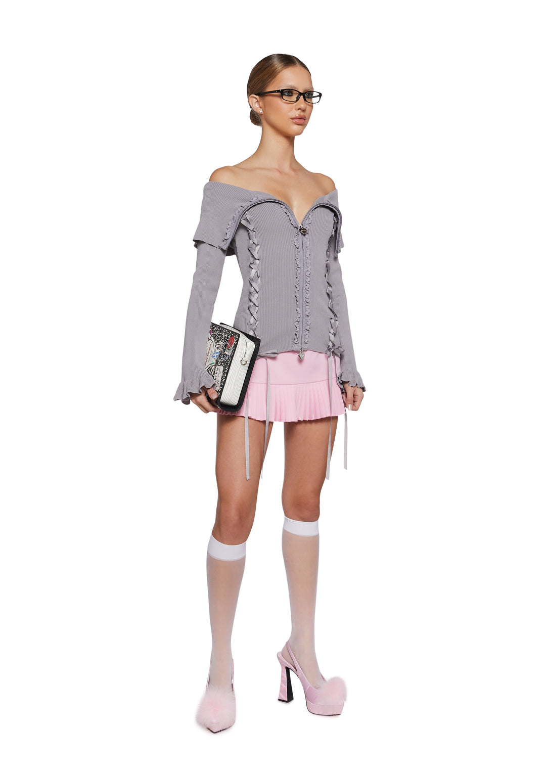 Fold-Over Heart Lace Ribbed Knit Zippered Cardigan Sugar Thrillz - Gray - Image 2