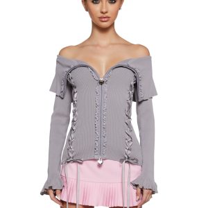 Fold-Over Heart Lace Ribbed Knit Zippered Cardigan Sugar Thrillz - Gray