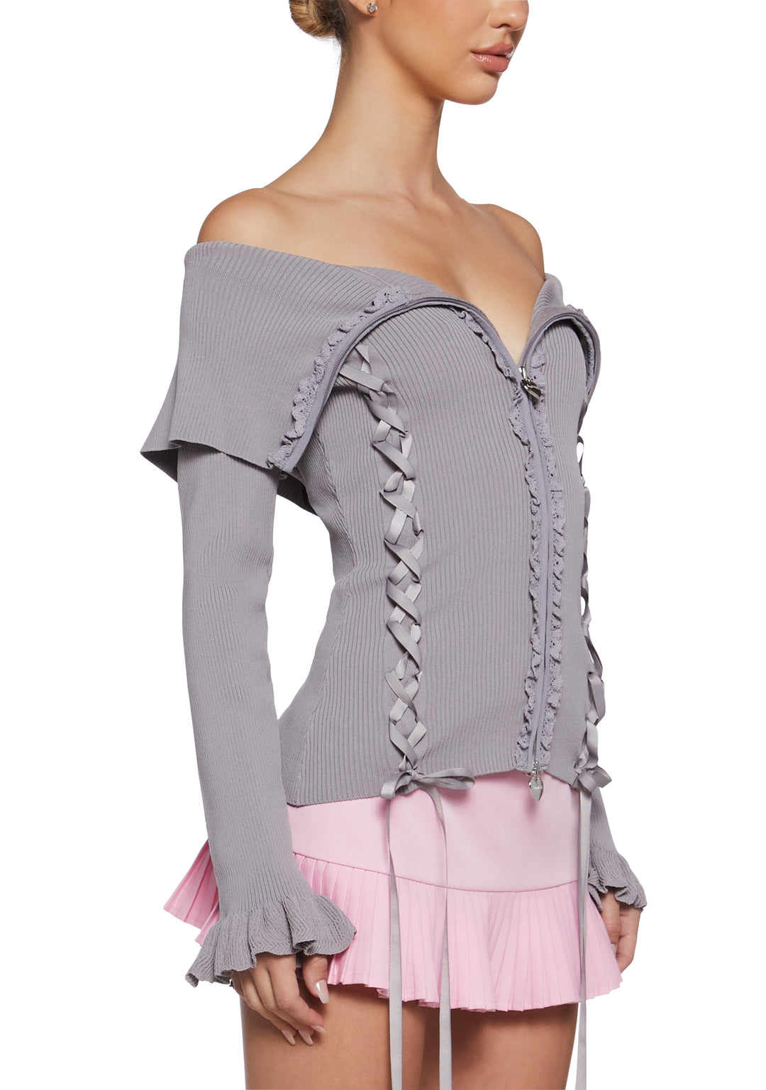 Fold-Over Heart Lace Ribbed Knit Zippered Cardigan Sugar Thrillz - Gray - Image 4