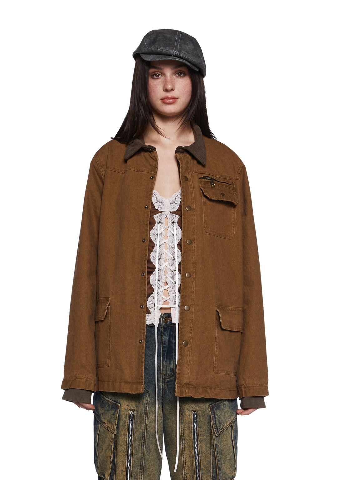 Oversized Twill Corduroy Trucker Jacket Current Mood - Brown
