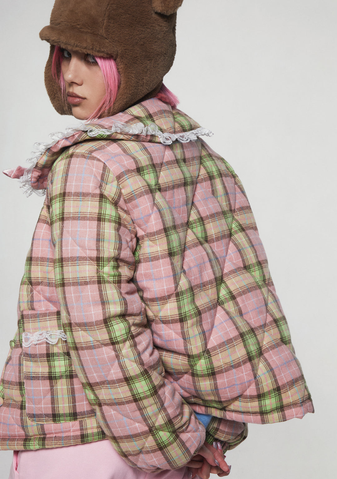 Collared Plaid Print Lace Quilted Puffer Jacket Sugar Thrillz - Pink - Image 6