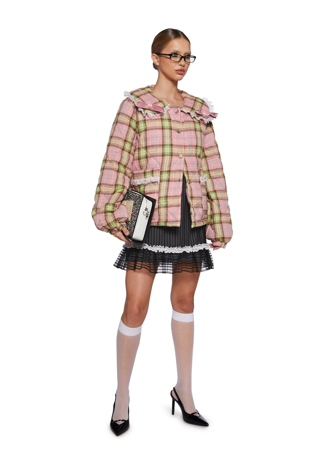 Collared Plaid Print Lace Quilted Puffer Jacket Sugar Thrillz - Pink - Image 2