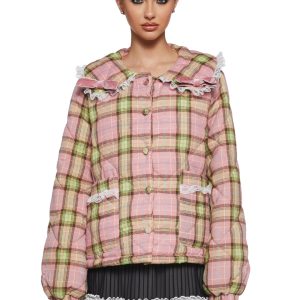 Collared Plaid Print Lace Quilted Puffer Jacket Sugar Thrillz - Pink