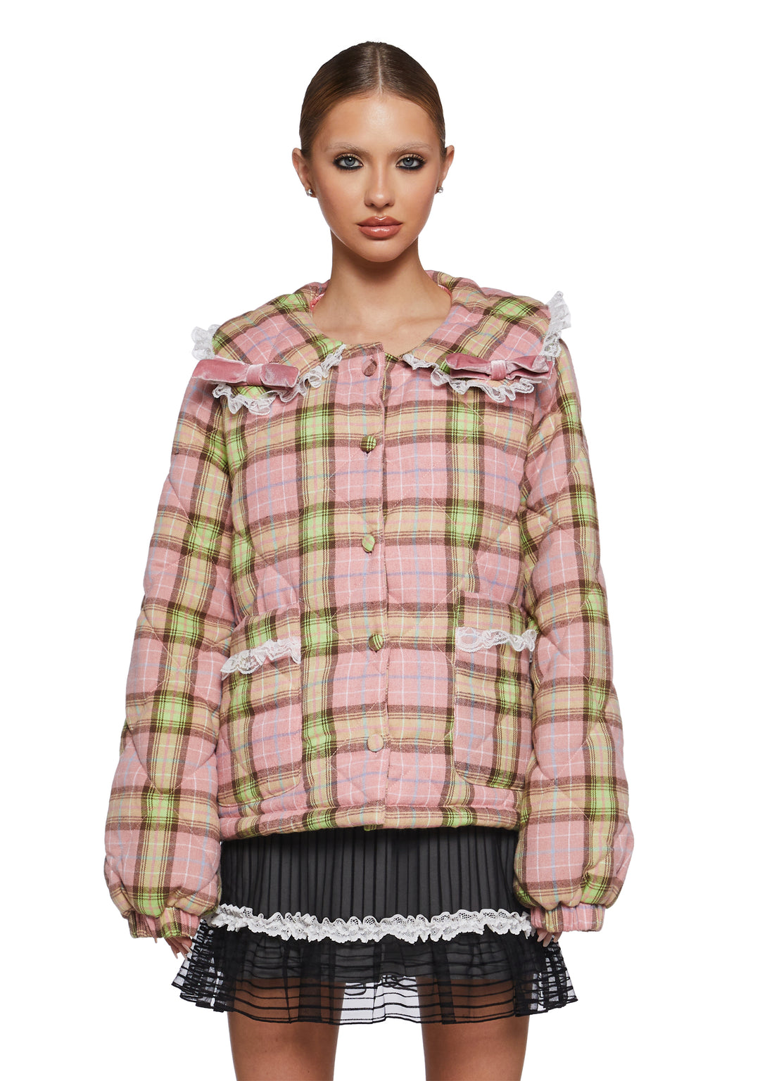 Collared Plaid Print Lace Quilted Puffer Jacket Sugar Thrillz - Pink