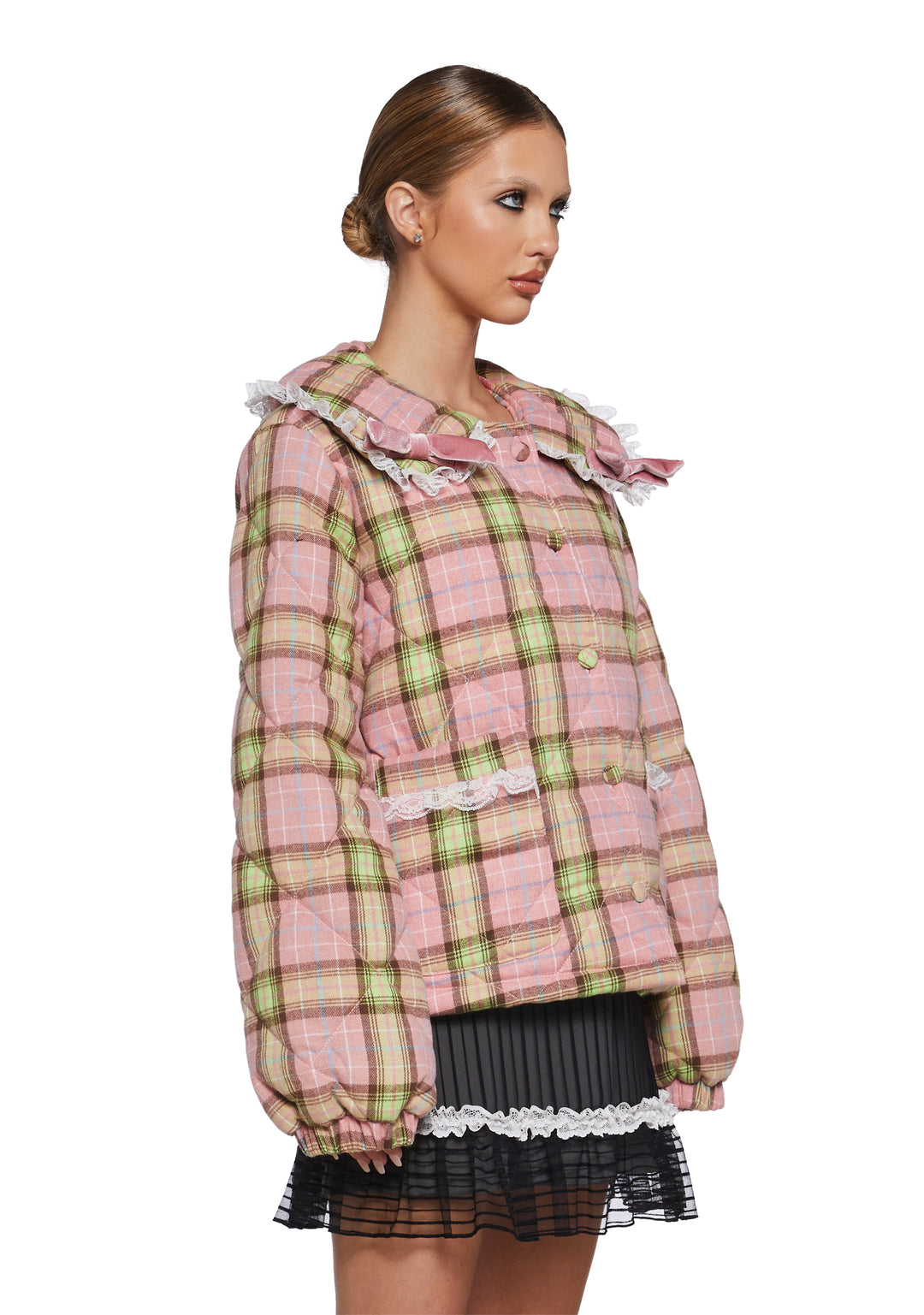 Collared Plaid Print Lace Quilted Puffer Jacket Sugar Thrillz - Pink - Image 3