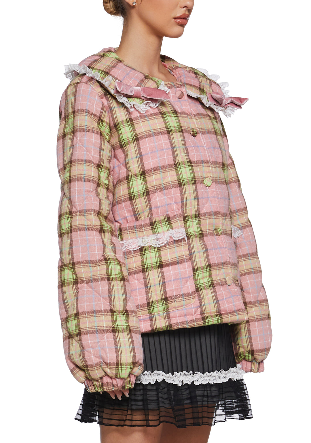 Collared Plaid Print Lace Quilted Puffer Jacket Sugar Thrillz - Pink - Image 5