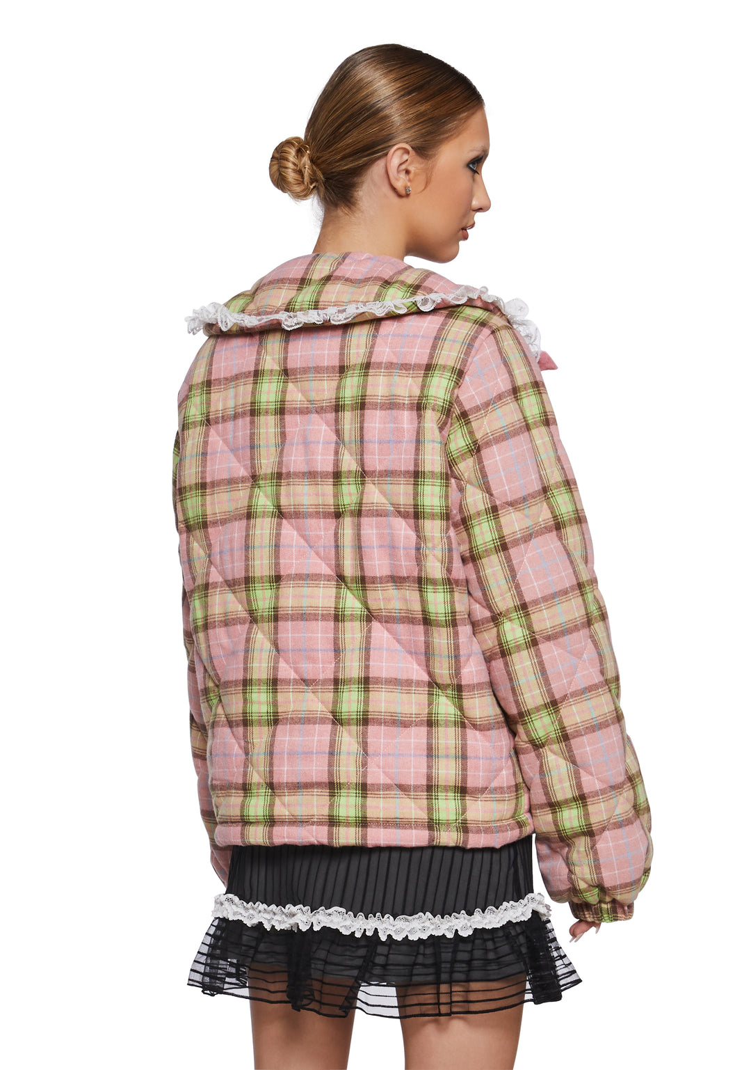 Collared Plaid Print Lace Quilted Puffer Jacket Sugar Thrillz - Pink - Image 4