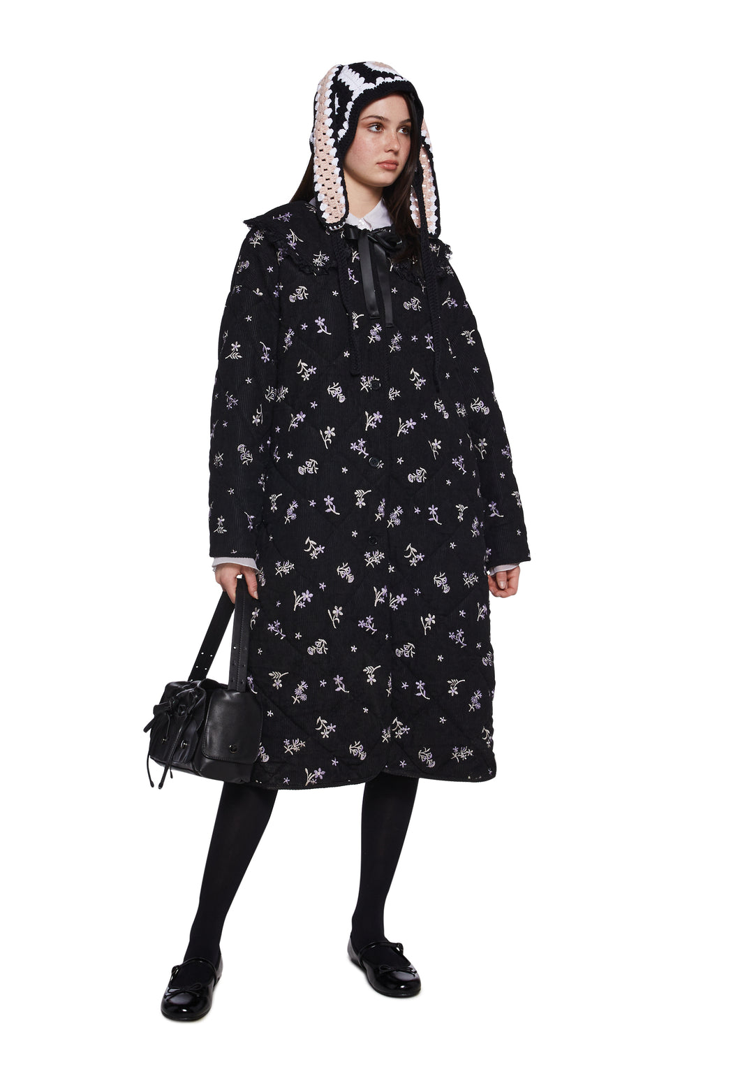 Womens Quilted Embroidered Maxi Coat Delias - Black - Image 2