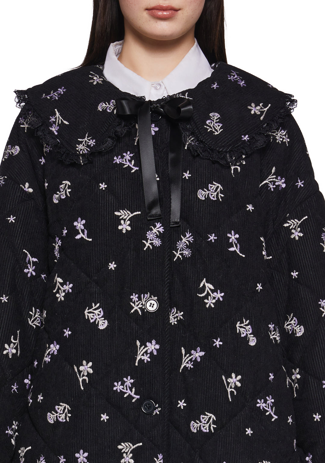 Womens Quilted Embroidered Maxi Coat Delias - Black - Image 5