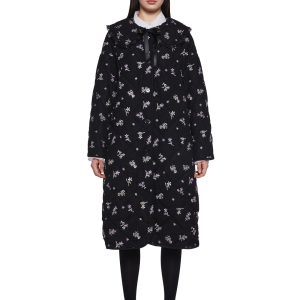 Womens Quilted Embroidered Maxi Coat Delias - Black