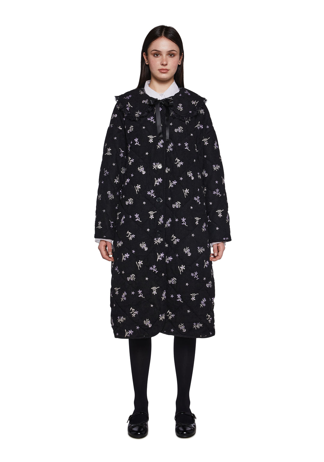 Womens Quilted Embroidered Maxi Coat Delias - Black