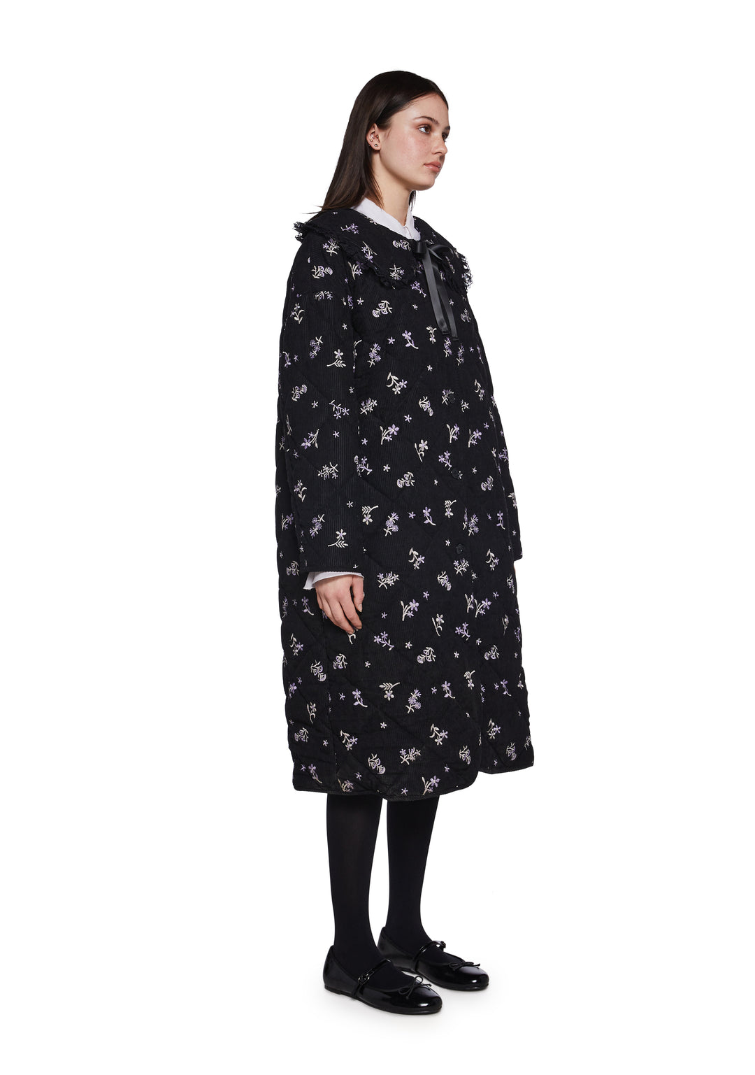 Womens Quilted Embroidered Maxi Coat Delias - Black - Image 3
