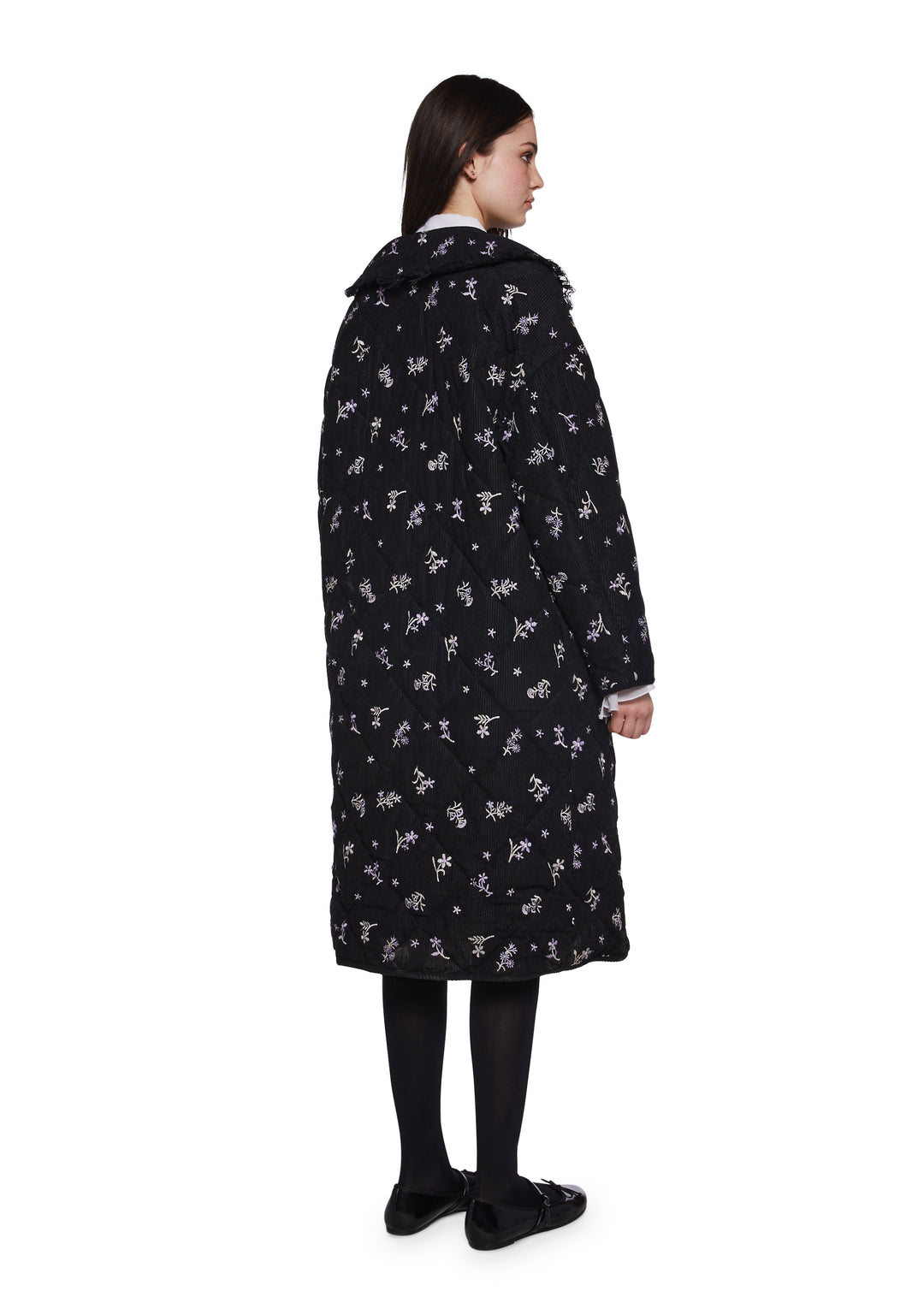Womens Quilted Embroidered Maxi Coat Delias - Black - Image 4