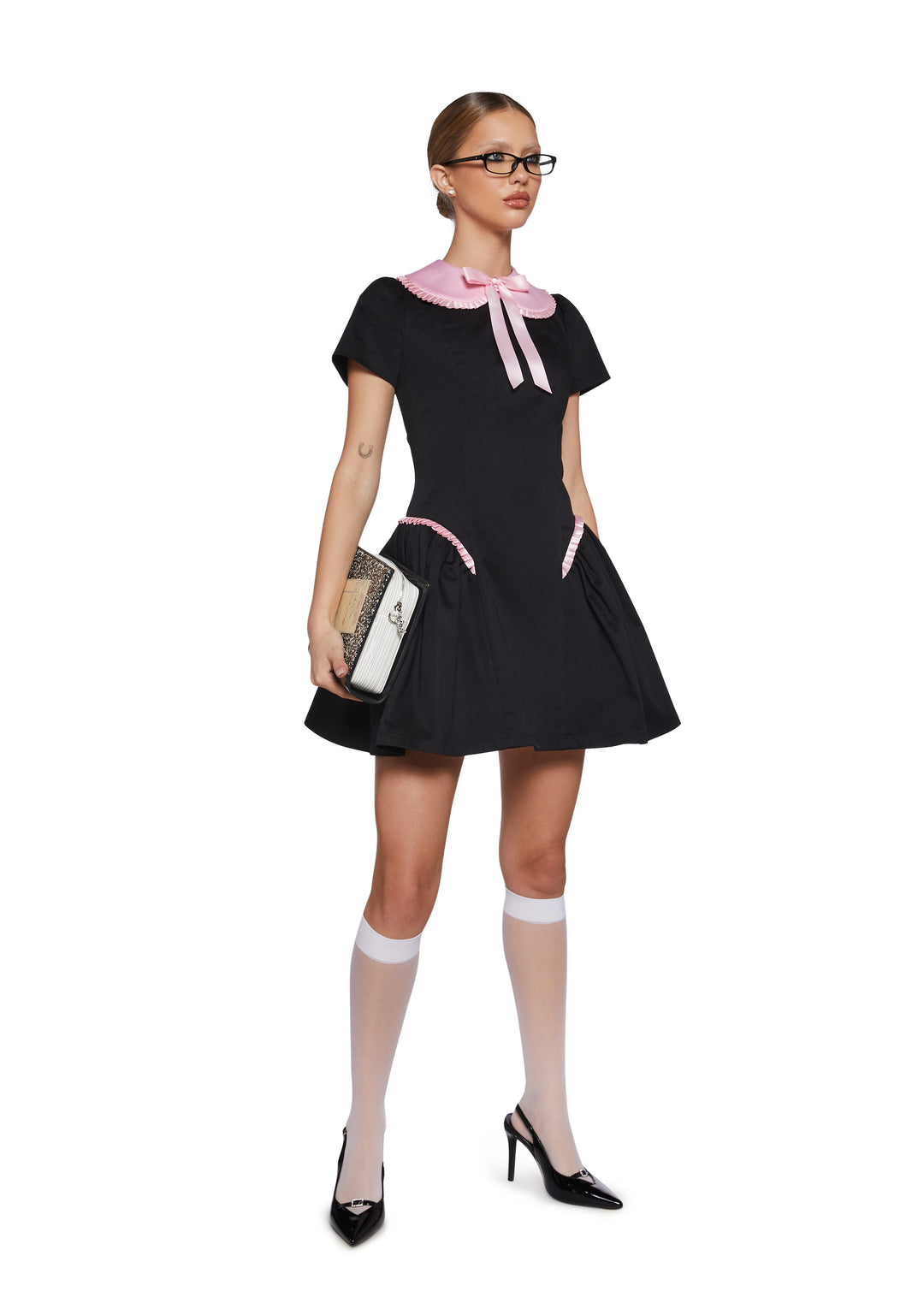 Twill Pleated Ruffle Peter Pan Collar Mini Dress Sugar Thrillz - Black - Image 2